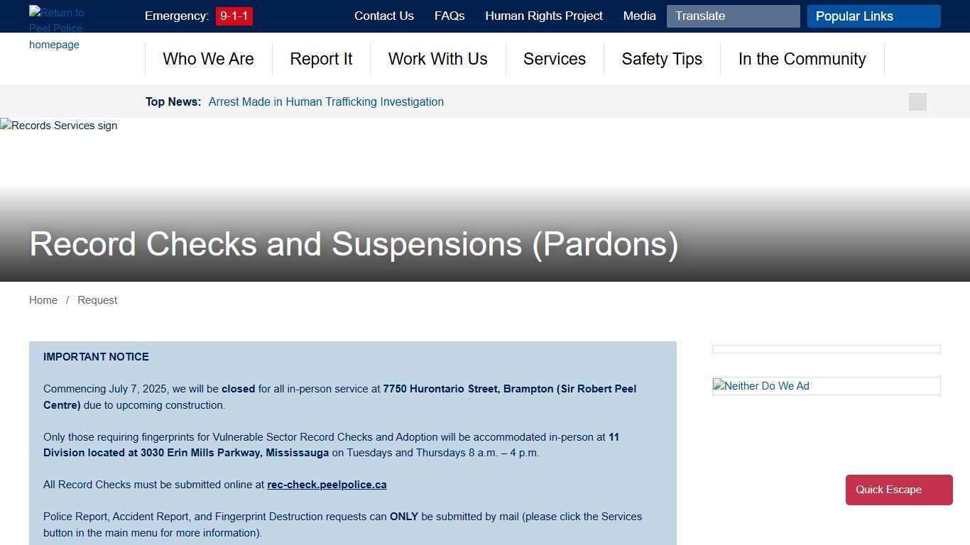 Record Checks and Suspensions Pardons - Peel Regional Police